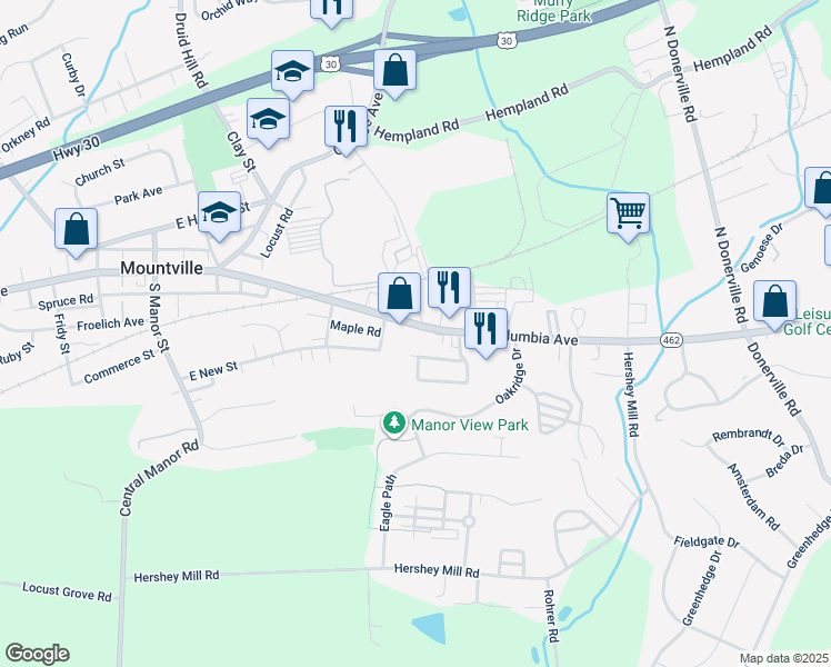 map of restaurants, bars, coffee shops, grocery stores, and more near 334 East Main Street in Mountville