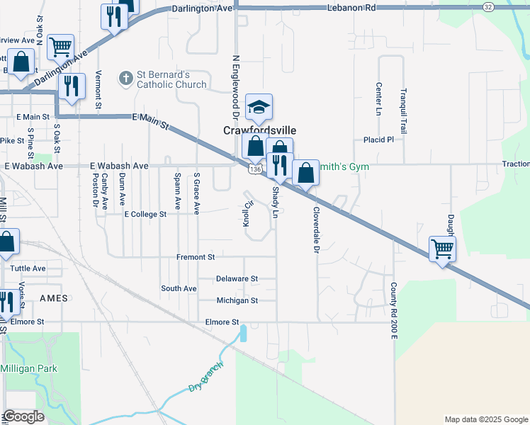 map of restaurants, bars, coffee shops, grocery stores, and more near 200 Knoll Circle in Crawfordsville