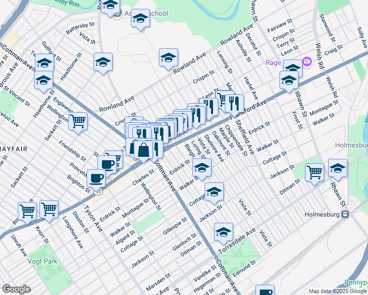 map of restaurants, bars, coffee shops, grocery stores, and more near 4010 Bleigh Avenue in Philadelphia