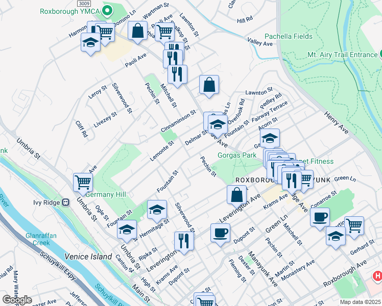 map of restaurants, bars, coffee shops, grocery stores, and more near 332 Fountain Street in Philadelphia
