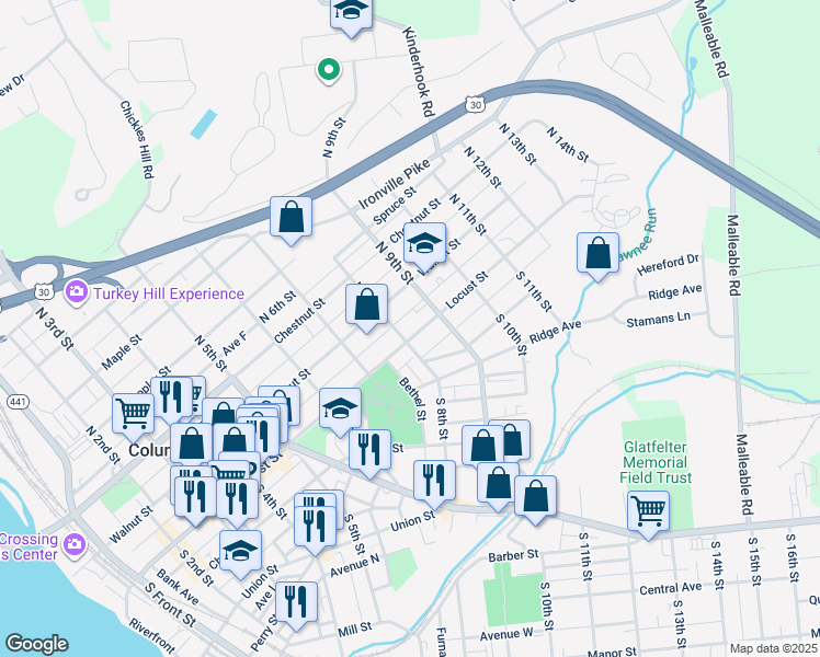 map of restaurants, bars, coffee shops, grocery stores, and more near 809 Locust Street in Columbia