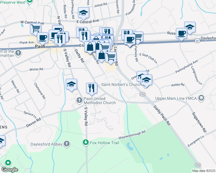 map of restaurants, bars, coffee shops, grocery stores, and more near 356 Paoli Woods Drive in Paoli