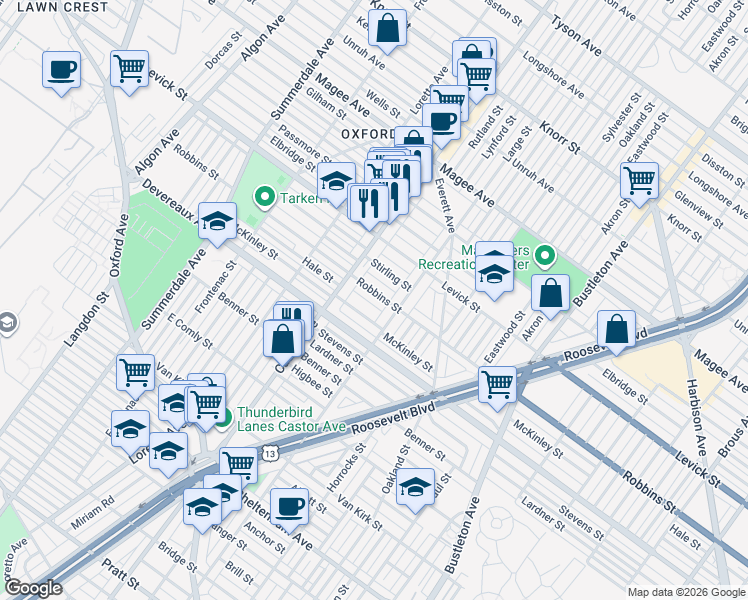 map of restaurants, bars, coffee shops, grocery stores, and more near 1413 Robbins Street in Philadelphia