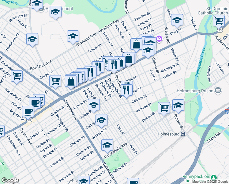 map of restaurants, bars, coffee shops, grocery stores, and more near 4237 Marple Street in Philadelphia