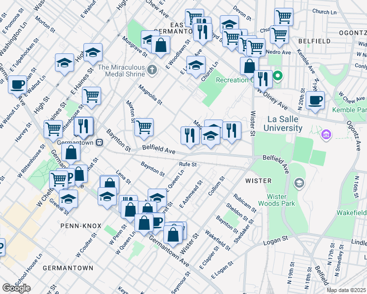 map of restaurants, bars, coffee shops, grocery stores, and more near 5301 Belfield Avenue in Philadelphia