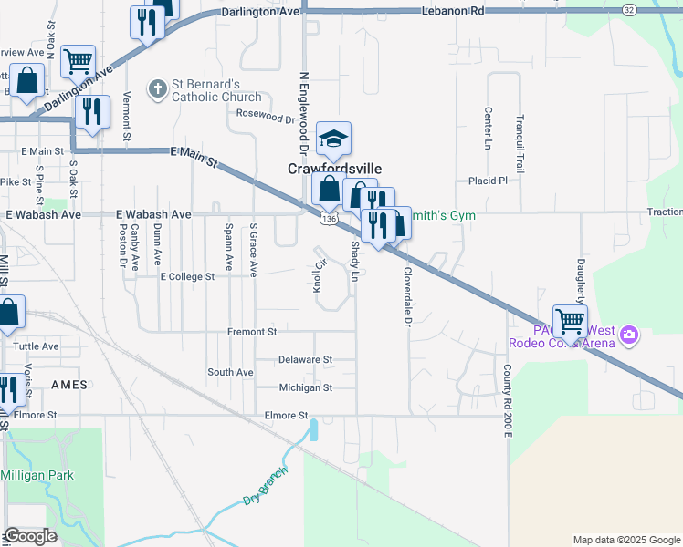 map of restaurants, bars, coffee shops, grocery stores, and more near 200 Knoll Circle in Crawfordsville