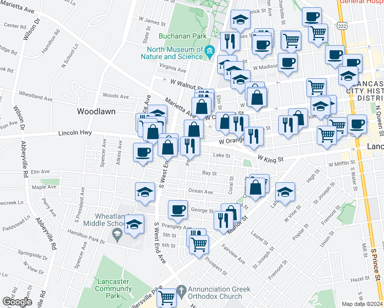 map of restaurants, bars, coffee shops, grocery stores, and more near 21 Pearl Street in Lancaster