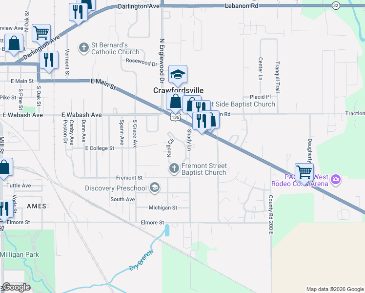map of restaurants, bars, coffee shops, grocery stores, and more near 15 Shady Lane in Crawfordsville