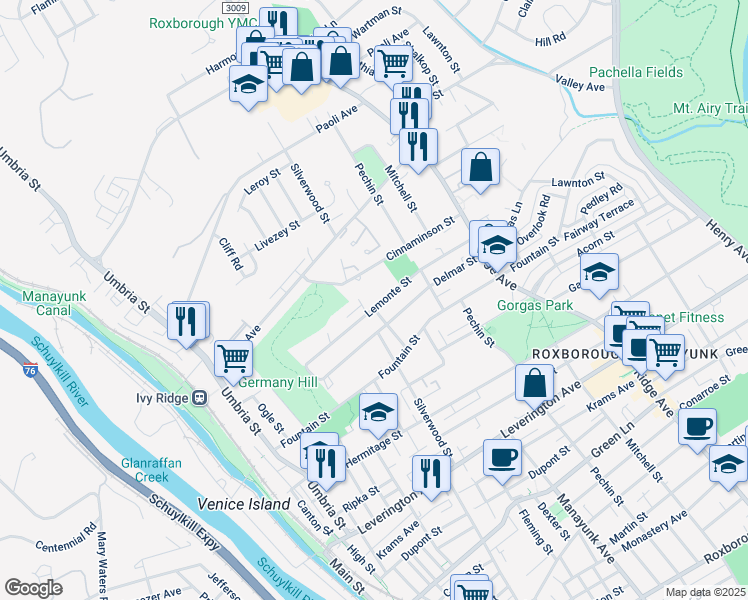 map of restaurants, bars, coffee shops, grocery stores, and more near 304 Lemonte Street in Philadelphia
