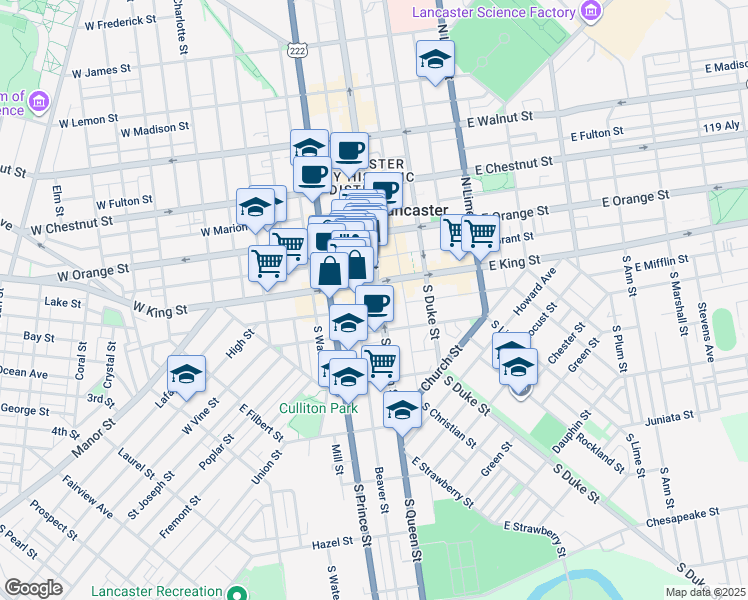 map of restaurants, bars, coffee shops, grocery stores, and more near 2 West Grant Street in Lancaster