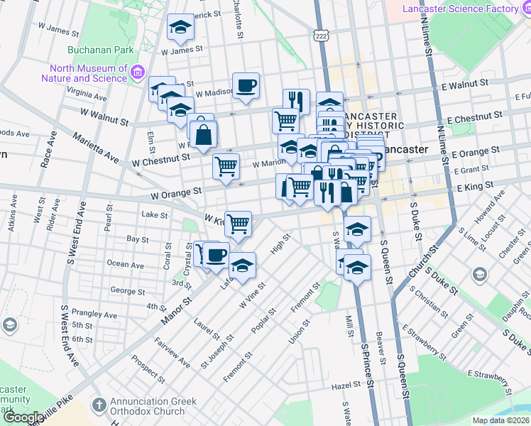 map of restaurants, bars, coffee shops, grocery stores, and more near 27 North Charlotte Street in Lancaster