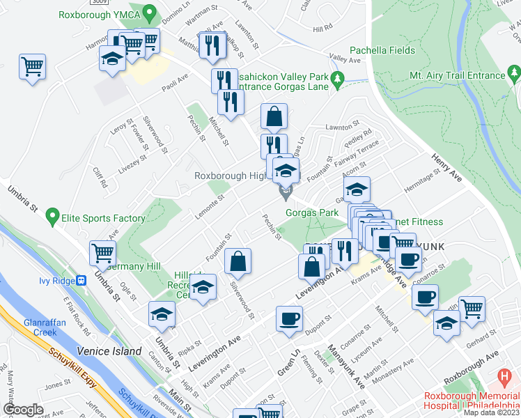 map of restaurants, bars, coffee shops, grocery stores, and more near Pechin St & Fountain St in Philadelphia