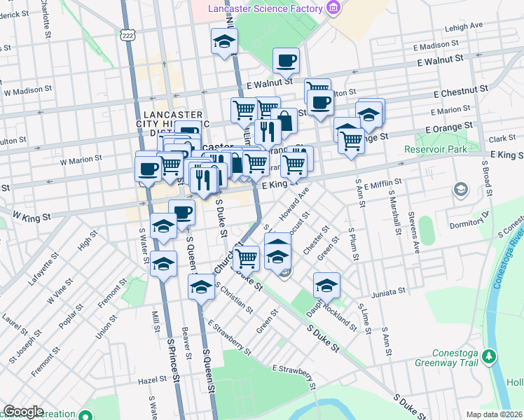 map of restaurants, bars, coffee shops, grocery stores, and more near 215 East Mifflin Street in Lancaster