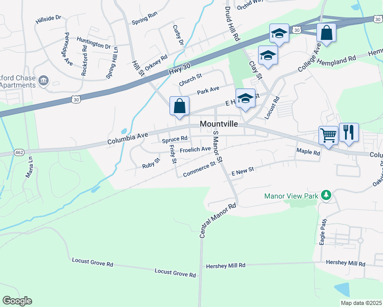 map of restaurants, bars, coffee shops, grocery stores, and more near 102 Froelich Avenue in Mountville