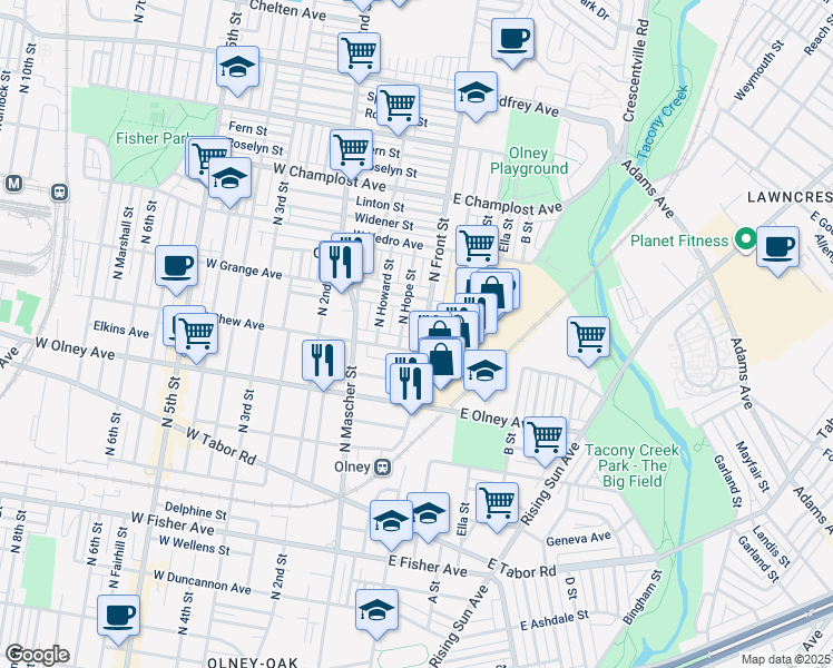map of restaurants, bars, coffee shops, grocery stores, and more near 5718 North Front Street in Philadelphia