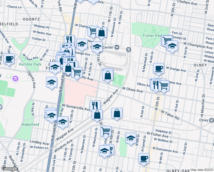 map of restaurants, bars, coffee shops, grocery stores, and more near 1004 West Olney Avenue in Philadelphia