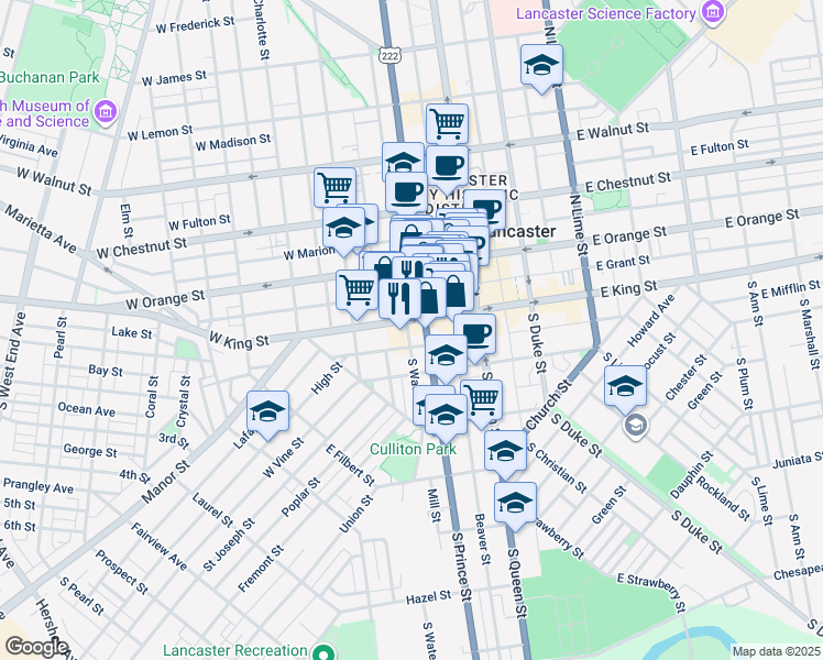 map of restaurants, bars, coffee shops, grocery stores, and more near 10 South Prince Street in Lancaster