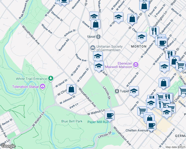 map of restaurants, bars, coffee shops, grocery stores, and more near Lincoln Drive & West Johnson Street in Philadelphia