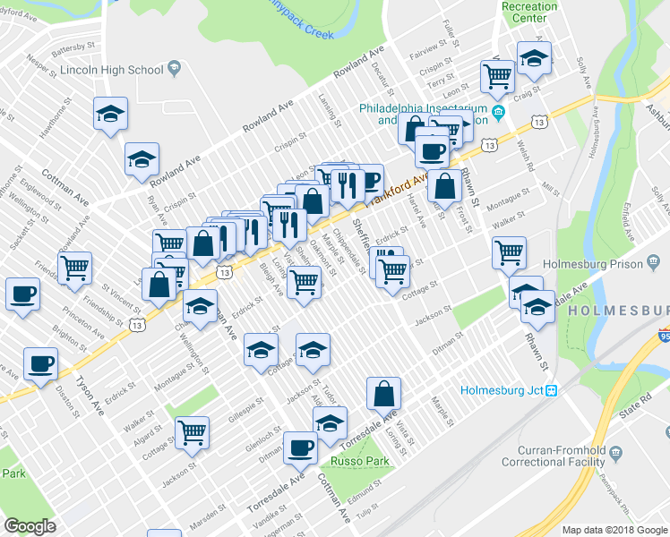 map of restaurants, bars, coffee shops, grocery stores, and more near 4221 Oakmont Street in Philadelphia