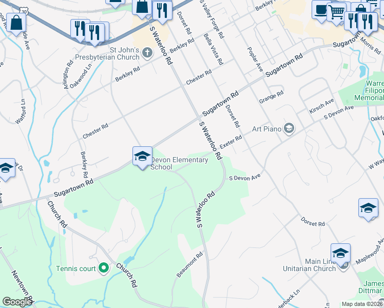 map of restaurants, bars, coffee shops, grocery stores, and more near 222 Sugartown Road in Devon