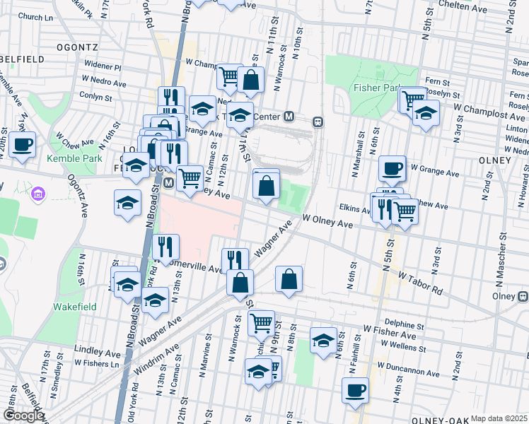 map of restaurants, bars, coffee shops, grocery stores, and more near 1004 West Olney Avenue in Philadelphia