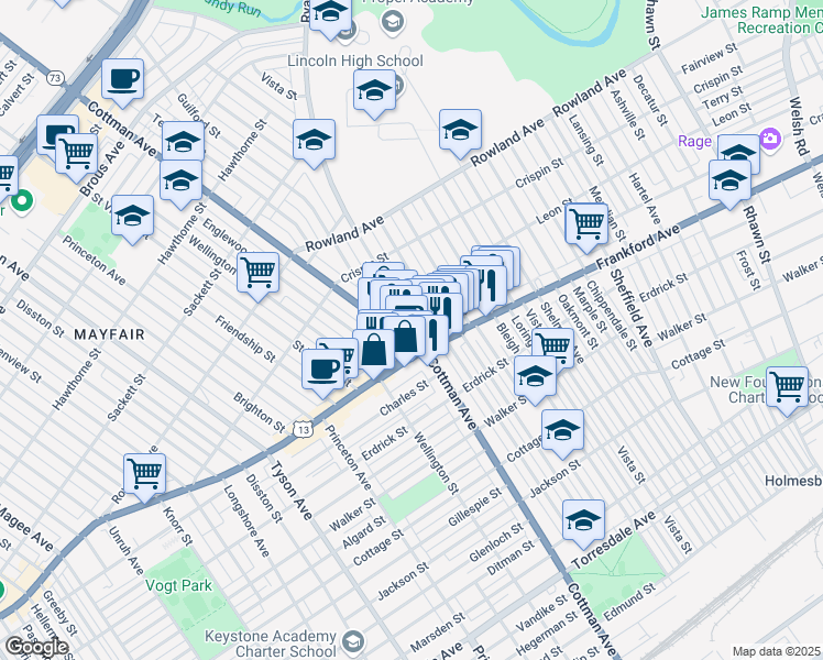 map of restaurants, bars, coffee shops, grocery stores, and more near 3534 Ryan Avenue in Philadelphia