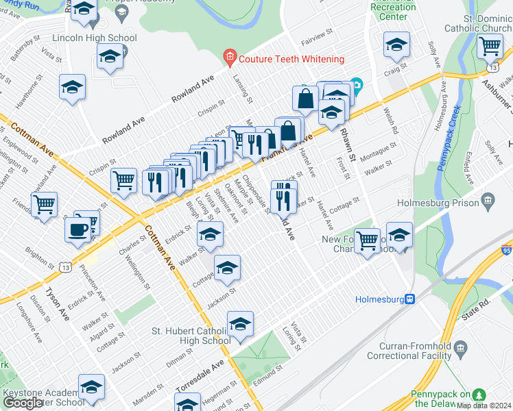 map of restaurants, bars, coffee shops, grocery stores, and more near 4237 Marple Street in Philadelphia