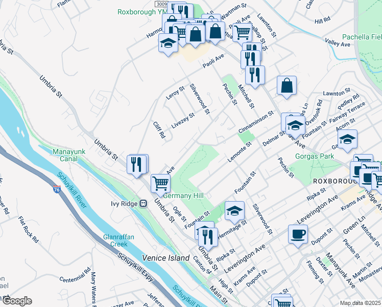 map of restaurants, bars, coffee shops, grocery stores, and more near 233 Parker Avenue in Philadelphia