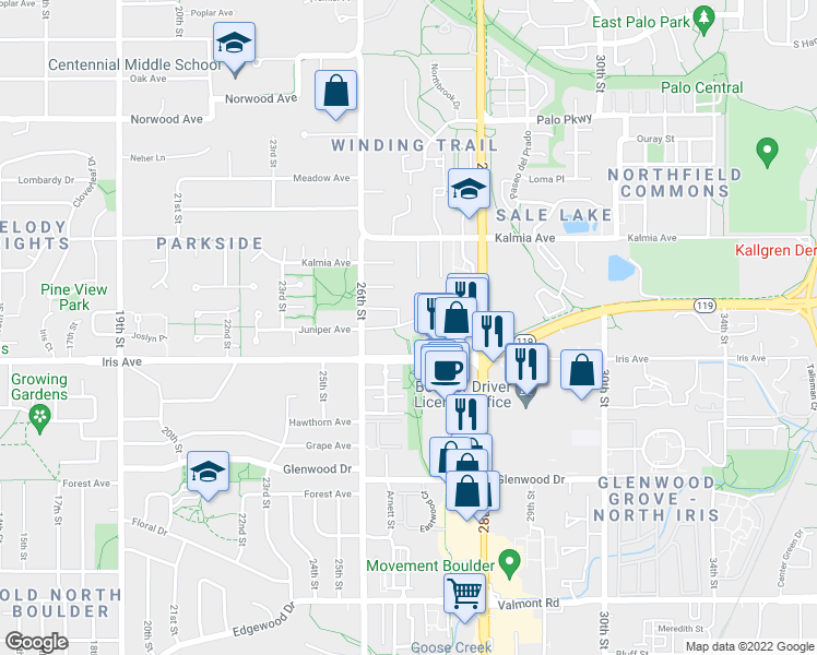 map of restaurants, bars, coffee shops, grocery stores, and more near 2685 Juniper Avenue in Boulder
