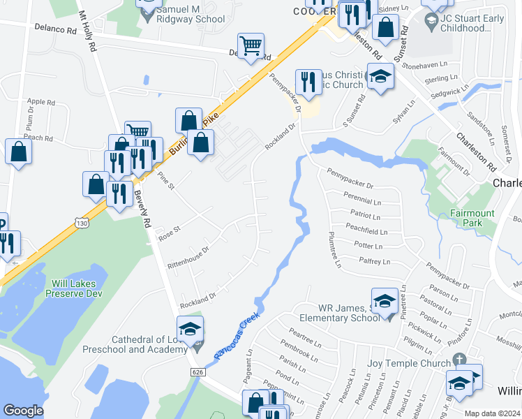 map of restaurants, bars, coffee shops, grocery stores, and more near 2 Rittenhouse Court in Willingboro