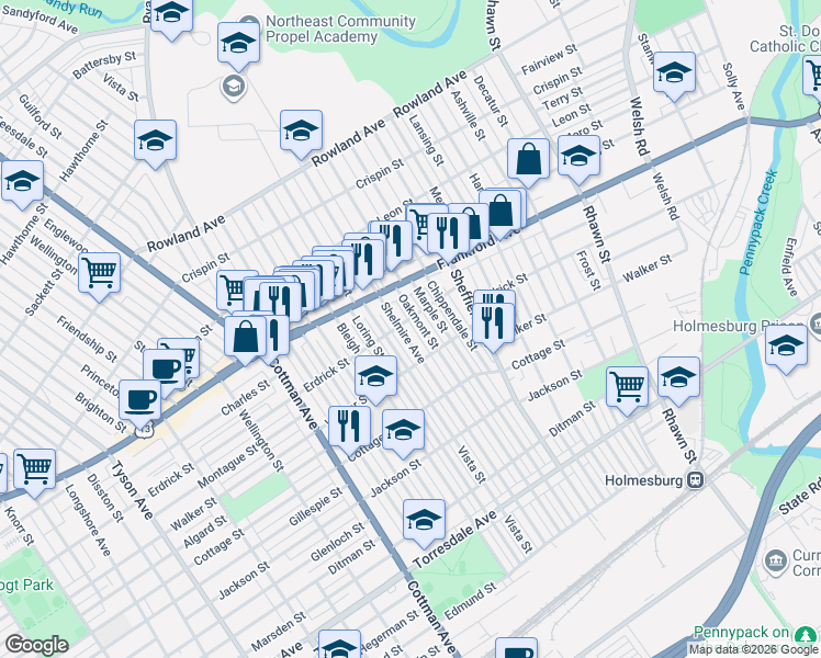 map of restaurants, bars, coffee shops, grocery stores, and more near 4028 Marple Street in Philadelphia