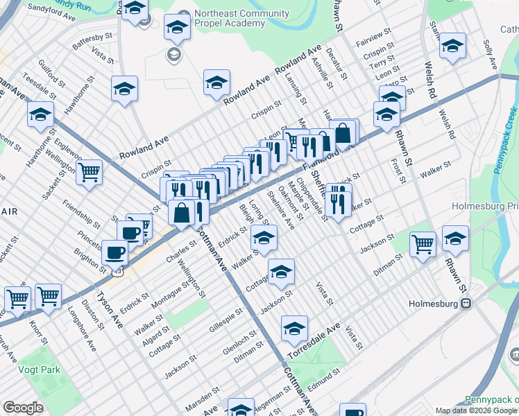 map of restaurants, bars, coffee shops, grocery stores, and more near 4012 Shelmire Avenue in Philadelphia