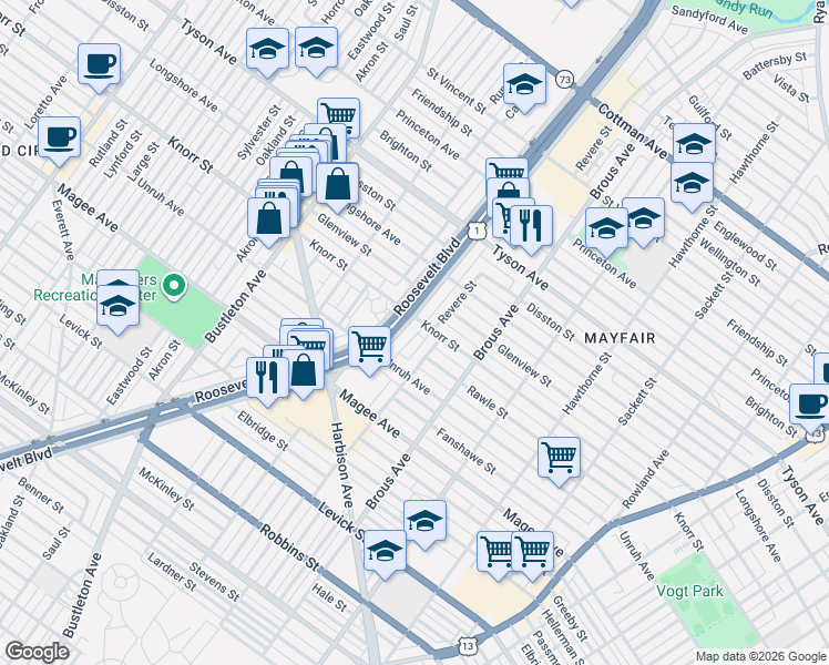 map of restaurants, bars, coffee shops, grocery stores, and more near 6800 Roosevelt Boulevard in Philadelphia