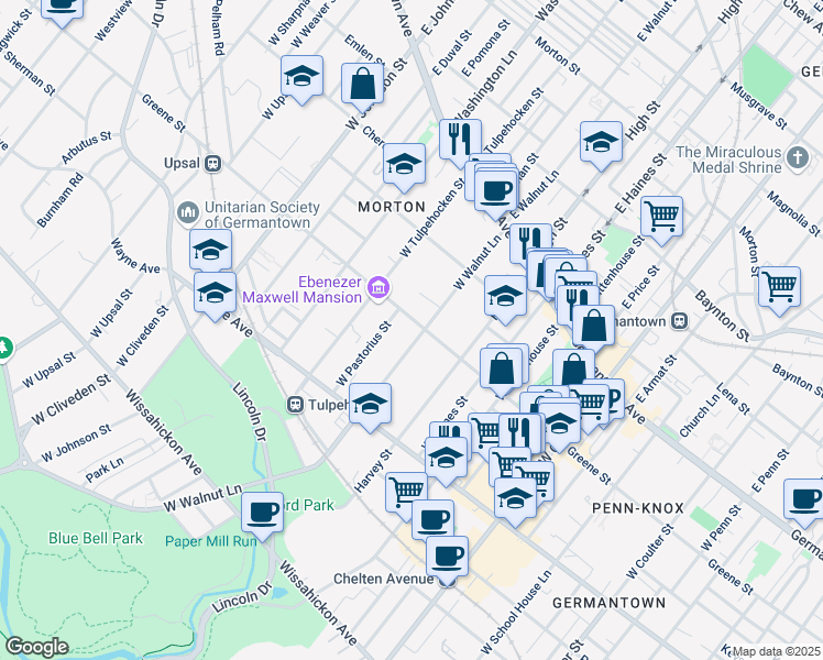 map of restaurants, bars, coffee shops, grocery stores, and more near 6124 Greene Street in Philadelphia
