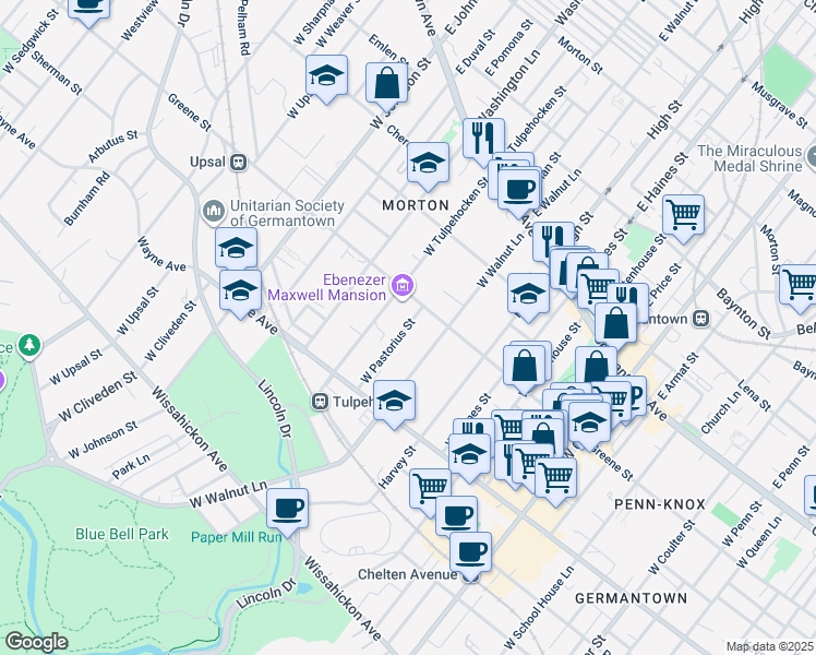 map of restaurants, bars, coffee shops, grocery stores, and more near 6124 Greene Street in Philadelphia