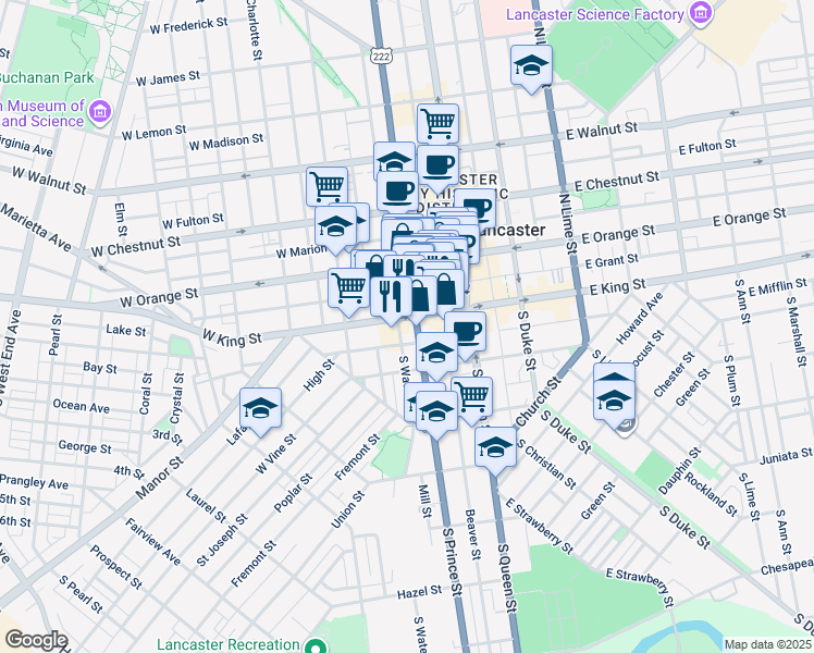 map of restaurants, bars, coffee shops, grocery stores, and more near 6 North Prince Street in Lancaster