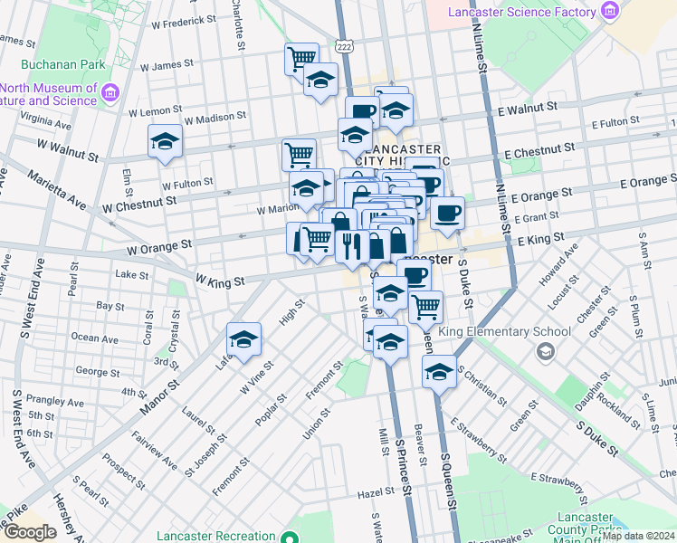 map of restaurants, bars, coffee shops, grocery stores, and more near 233 West King Street in Lancaster