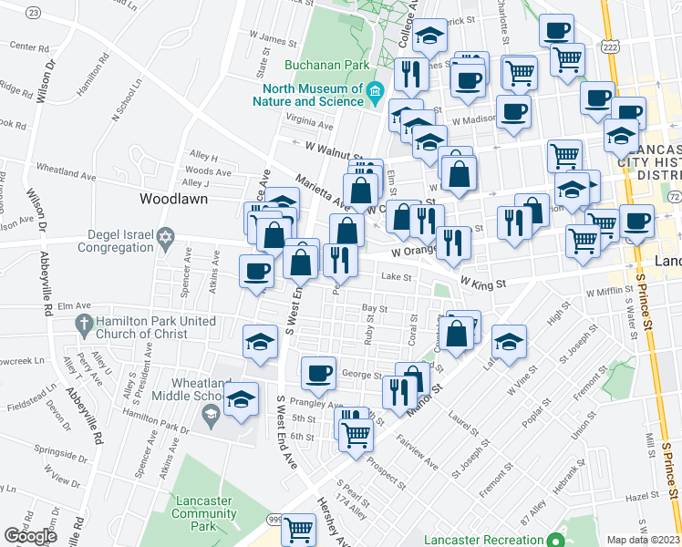 map of restaurants, bars, coffee shops, grocery stores, and more near 738 Pennsylvania 462 in Lancaster