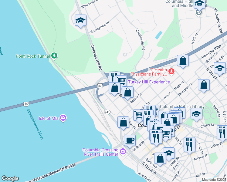 map of restaurants, bars, coffee shops, grocery stores, and more near 531 North 3rd Street in Columbia