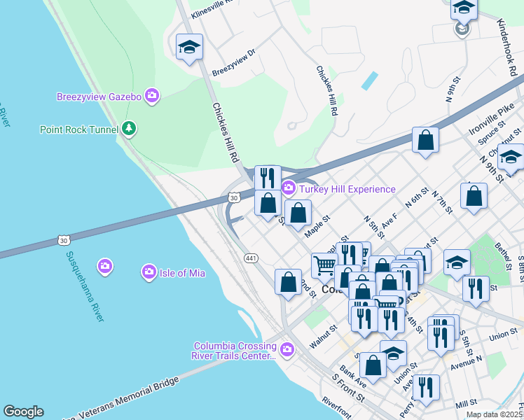 map of restaurants, bars, coffee shops, grocery stores, and more near 531 North 3rd Street in Columbia