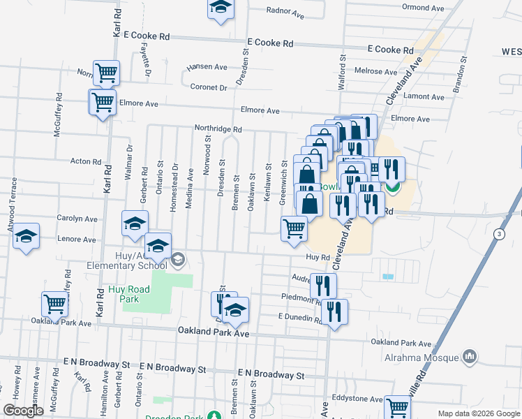 map of restaurants, bars, coffee shops, grocery stores, and more near 3463 Kenlawn Street in Columbus