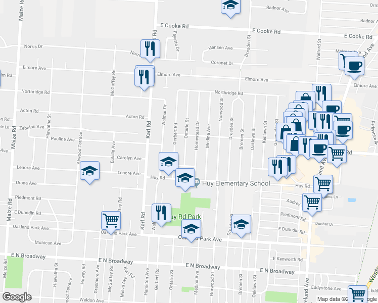 map of restaurants, bars, coffee shops, grocery stores, and more near 3485 Homestead Drive in Columbus