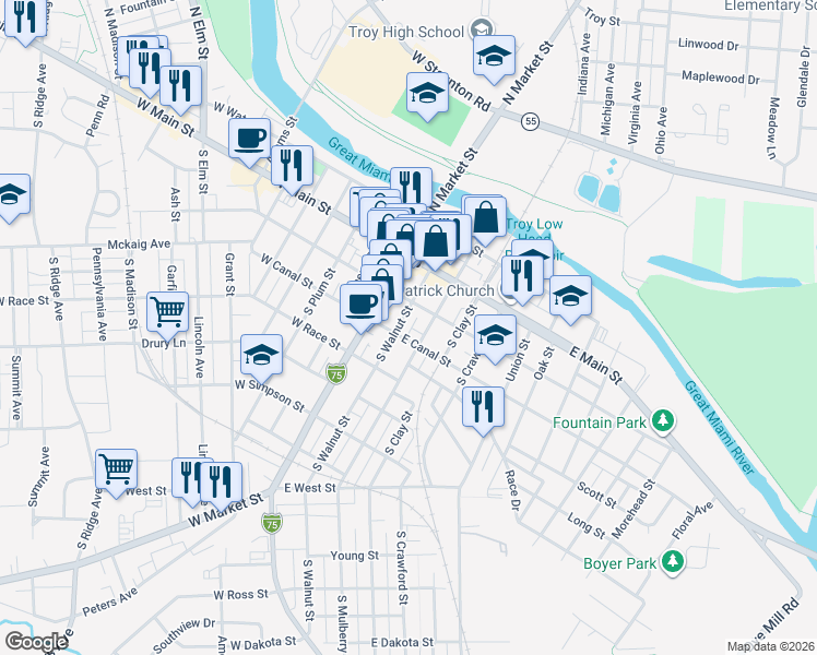 map of restaurants, bars, coffee shops, grocery stores, and more near in Troy