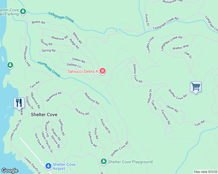 map of restaurants, bars, coffee shops, grocery stores, and more near 8344 Shelter Cove Rd in Whitethorn