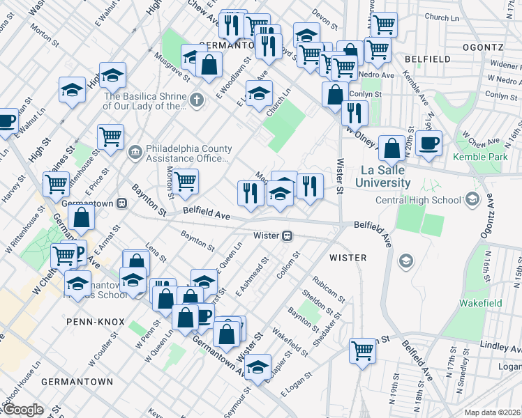 map of restaurants, bars, coffee shops, grocery stores, and more near 467 Potterton Heights in Philadelphia