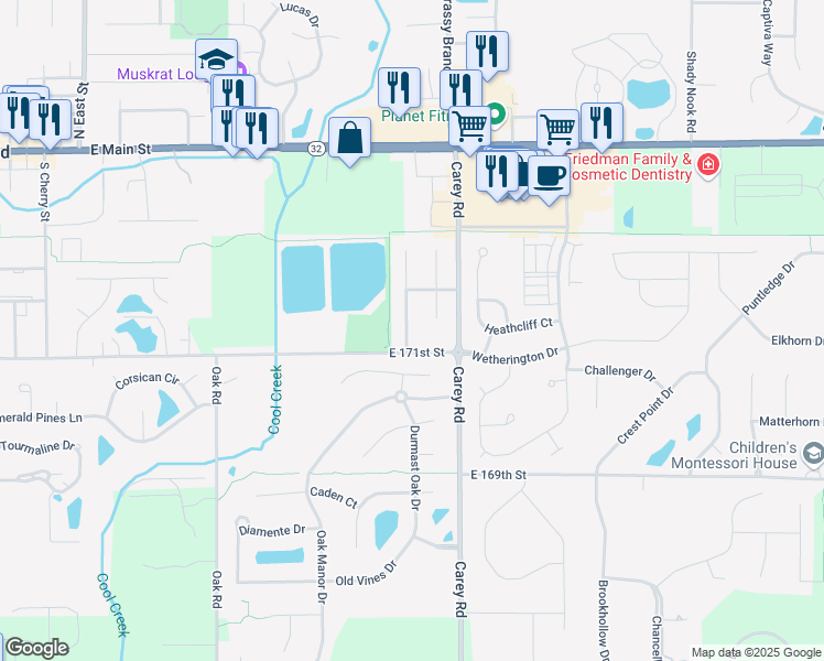 map of restaurants, bars, coffee shops, grocery stores, and more near 17117 Futch Way in Westfield