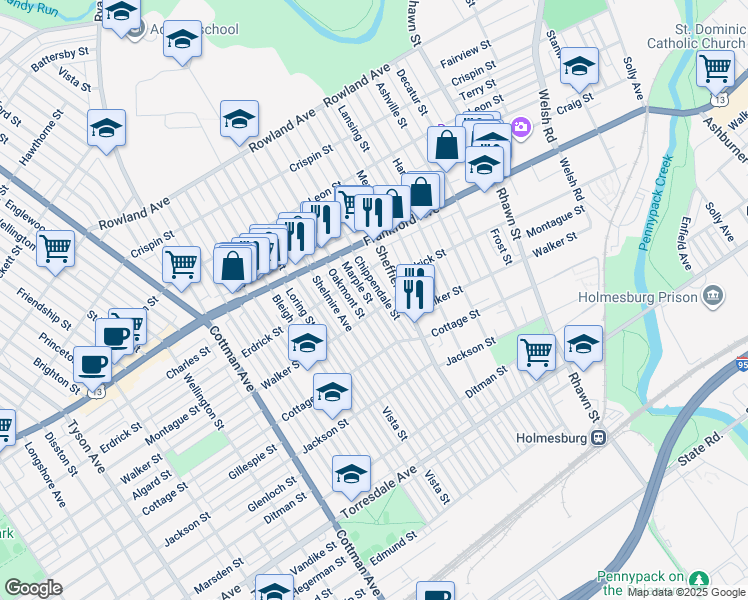 map of restaurants, bars, coffee shops, grocery stores, and more near 4235 Marple Street in Philadelphia