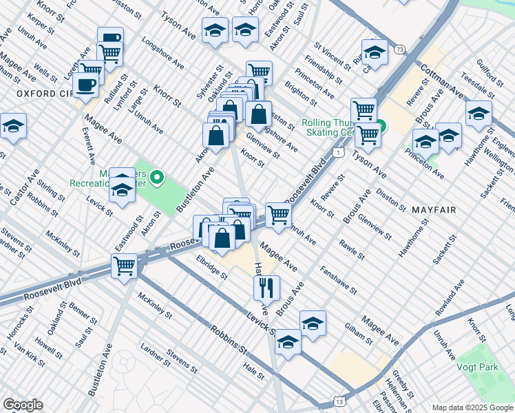 map of restaurants, bars, coffee shops, grocery stores, and more near 2220 Unruh Avenue in Philadelphia