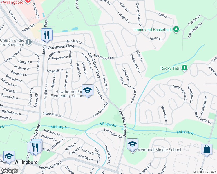 map of restaurants, bars, coffee shops, grocery stores, and more near 18 Hasting Lane in Willingboro