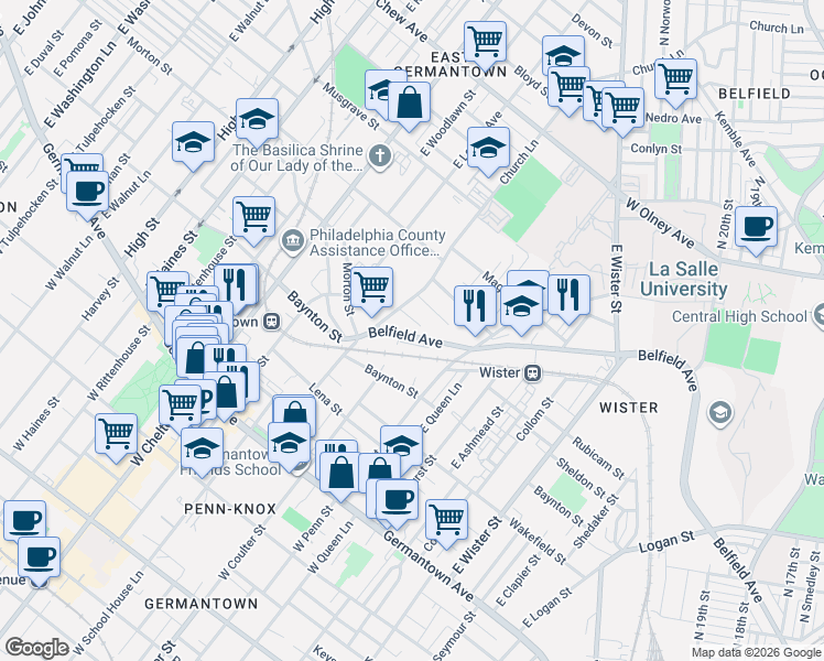 map of restaurants, bars, coffee shops, grocery stores, and more near 362 Church Lane in Philadelphia